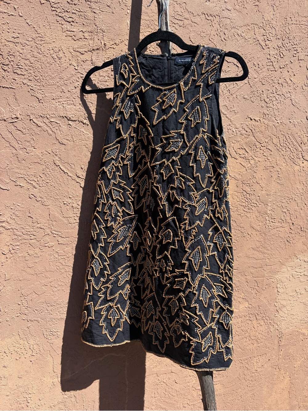 French Connection Black Linen Blend Wood Bead Embroidered Shift Dress Size 6